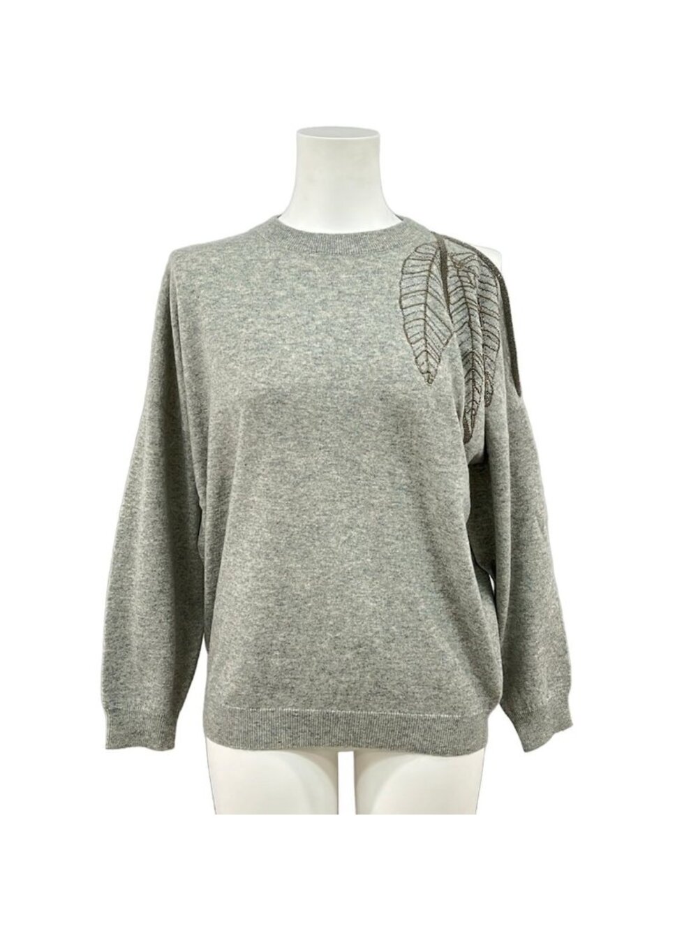 Brunello Cucinelli Long Sleeve Sweater S Light Gray Shoulder Cold Leaf Beads